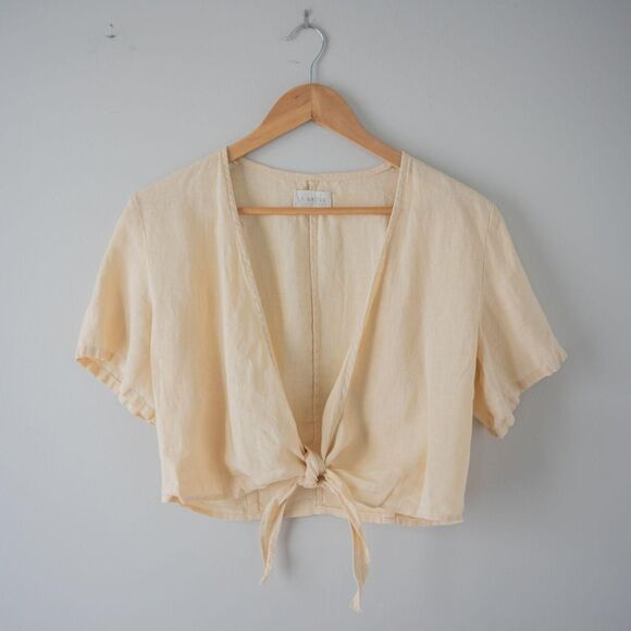 Yellow Linen Organic Crop Leisure Summer Boho Resortwear Tie Waist Women's Top - Picture 4 of 7